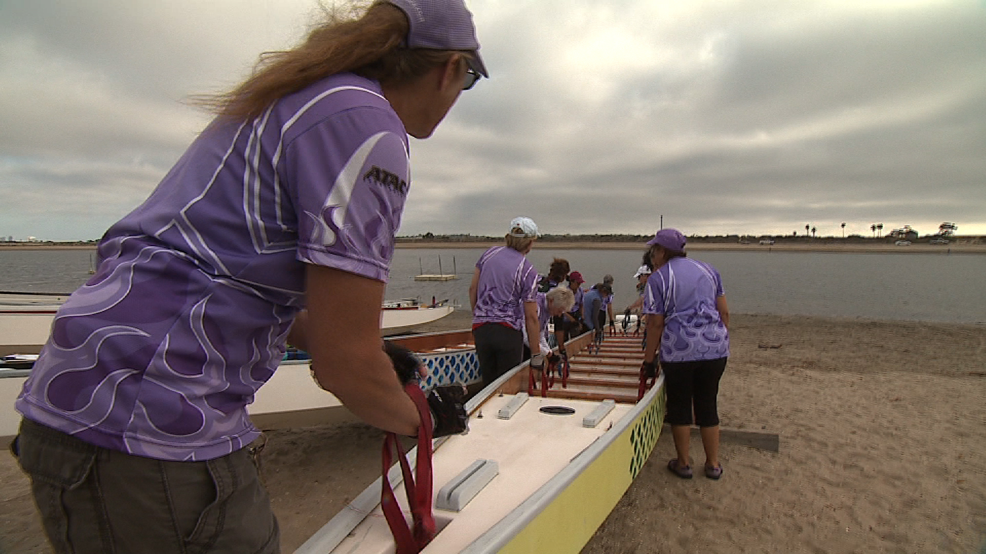 This Fiesta Island Dragon Boat sits a 16-man canoeing team